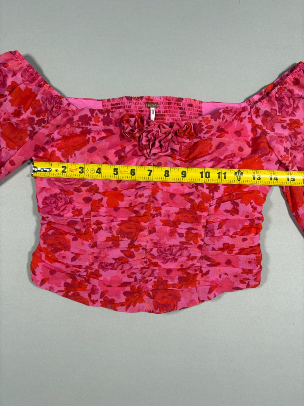 Free People Pink and Red Floral Ruched Long-Sleeve Top Cottagecore Boho Fairy, S - Picture 6 of 8